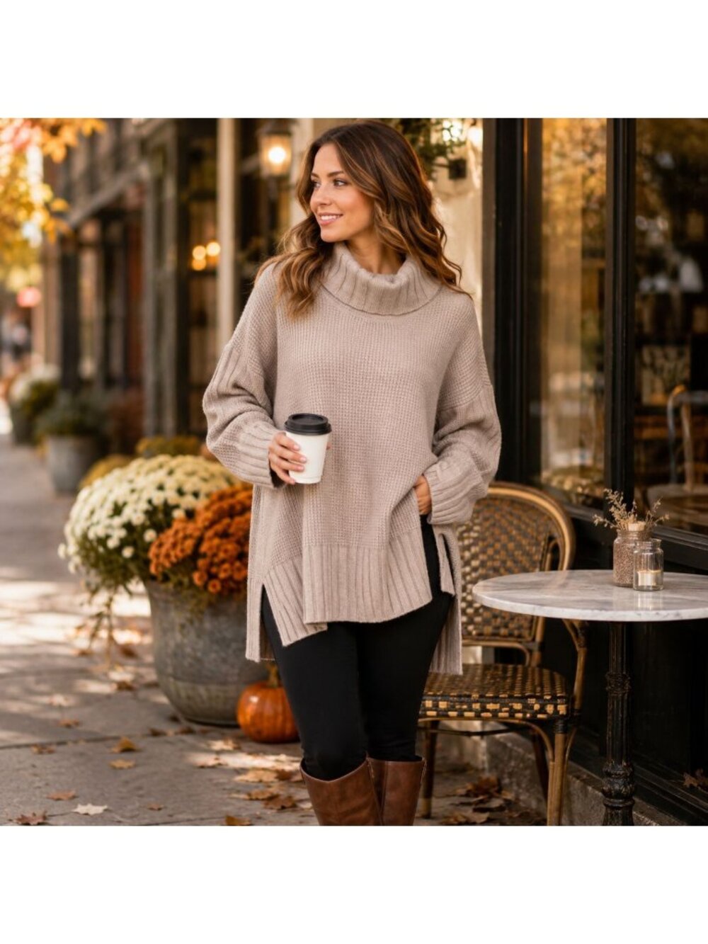 NWT Cyrus Sweater L Taupe Cowl Neck Waffle Knit Side Slit Tunic SOFT Cozy